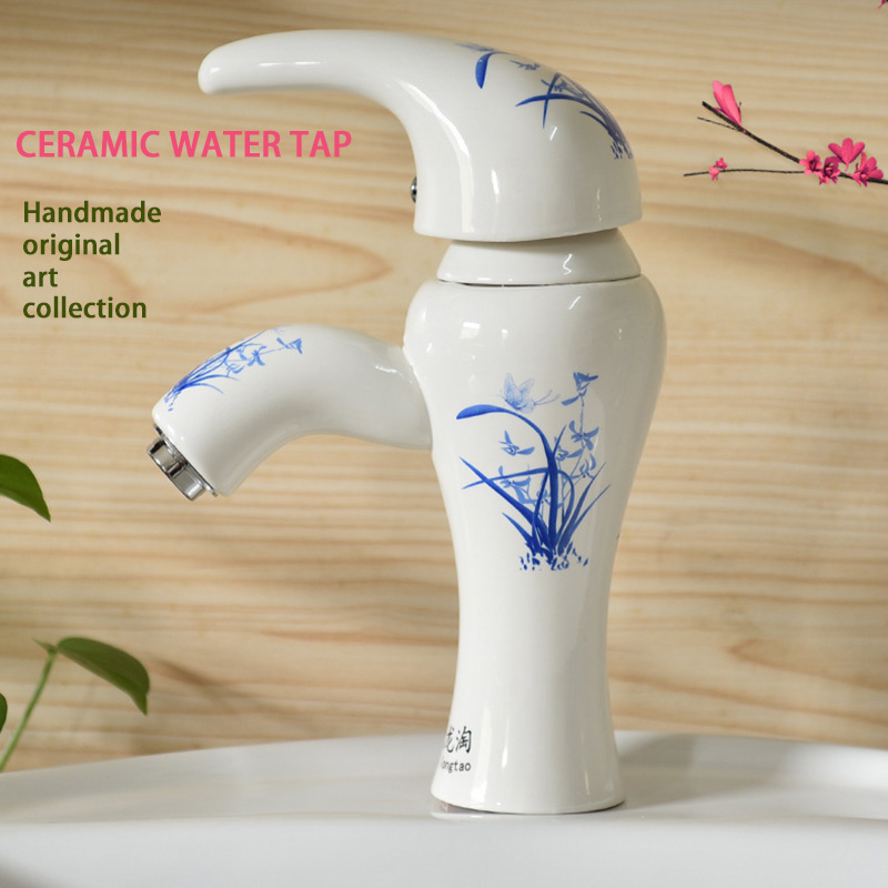 

Creative Ceramic Water Tap Brass Single Hole Wash Basin Faucet Bathroom Hot And Cold Water Mixing Valve Single Sitting Sink Tap