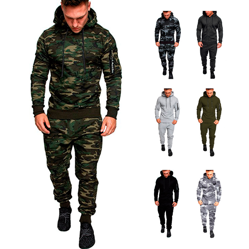 

New Autumn Winter Running Sets Men Camou Tracksuit Drawstring Pullover Hooded Sportswear Male 2 Piece Set Outfit Plus Size, Army green