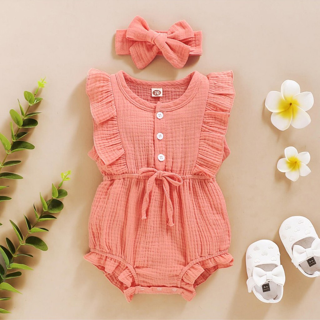 

Summer Baby Girl Rompers Newborn Baby Clothes Toddler Flare Sleeve Solid Lace Design Romper Jumpsuit With Headband One-pieces