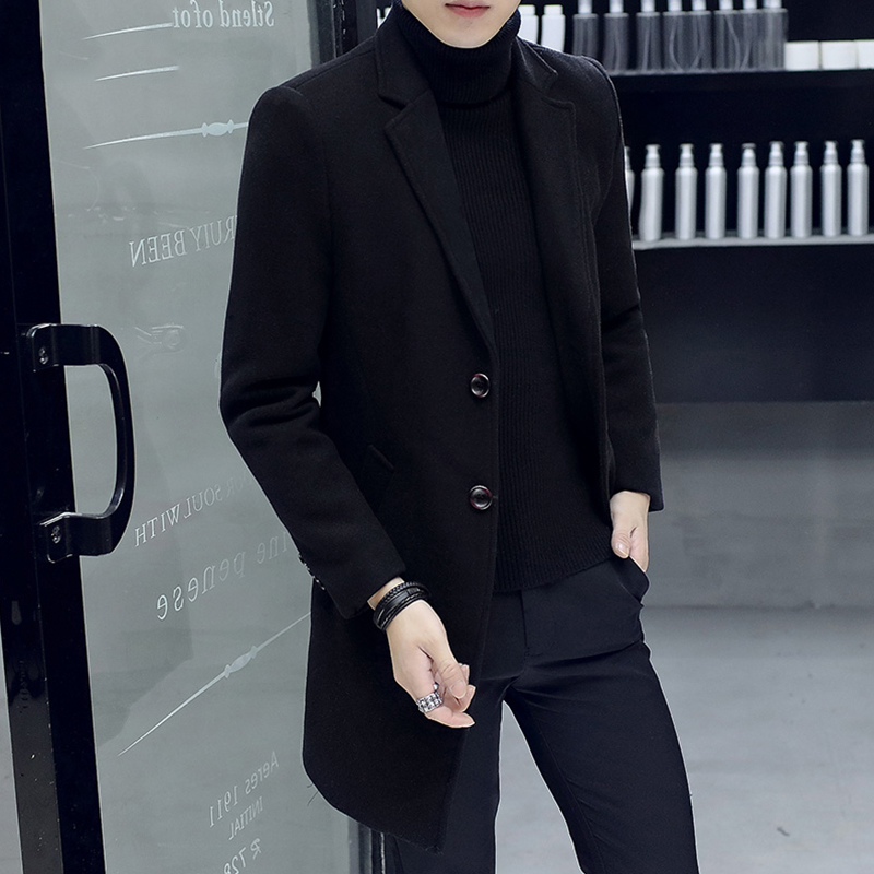 

High quality turn down collar single breasted wool coats outerwear men 2020 new fashion smart casual woolen jacket male trench, Black