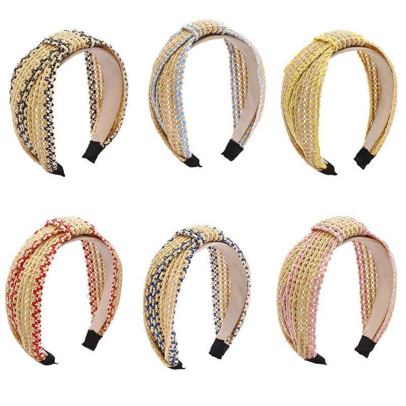 

Korean Vintage Woven Straw Hair Hoop Braided Criss Cross Knot Vacation Bandana