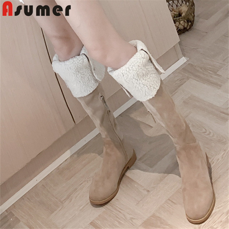 

Asumer 2020 Newest thigh high boots women suede leather keep warm round toe zip winter boots fashion casual shoes ladies, Black