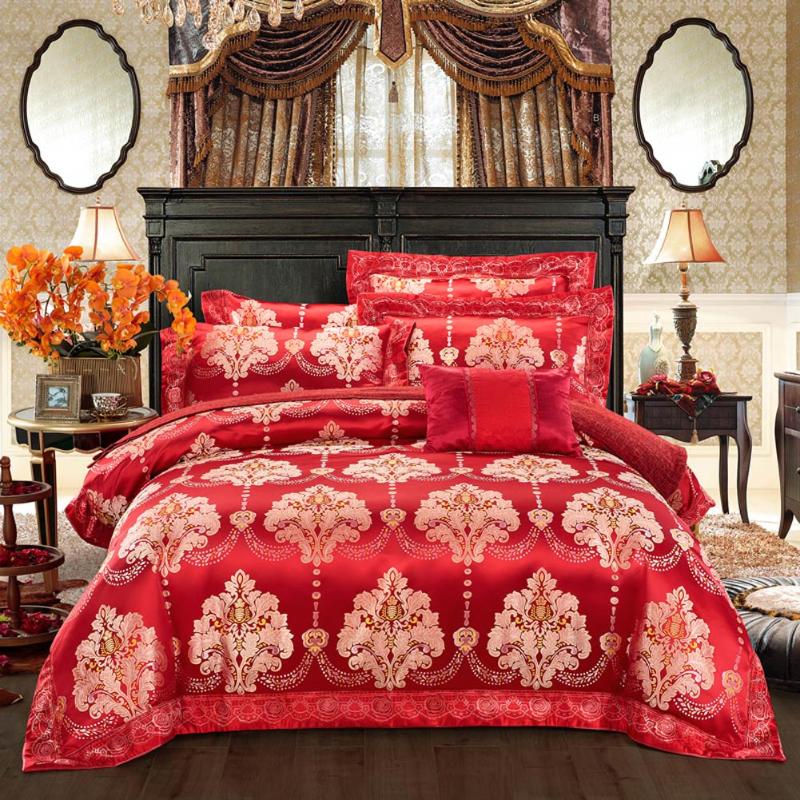 

Svetanya Red Golden Mandala Jacquard Wedding Bedding Sets King Queen Size Satin Linens Sheet Duvet Cover Pillow Sham, 20205140