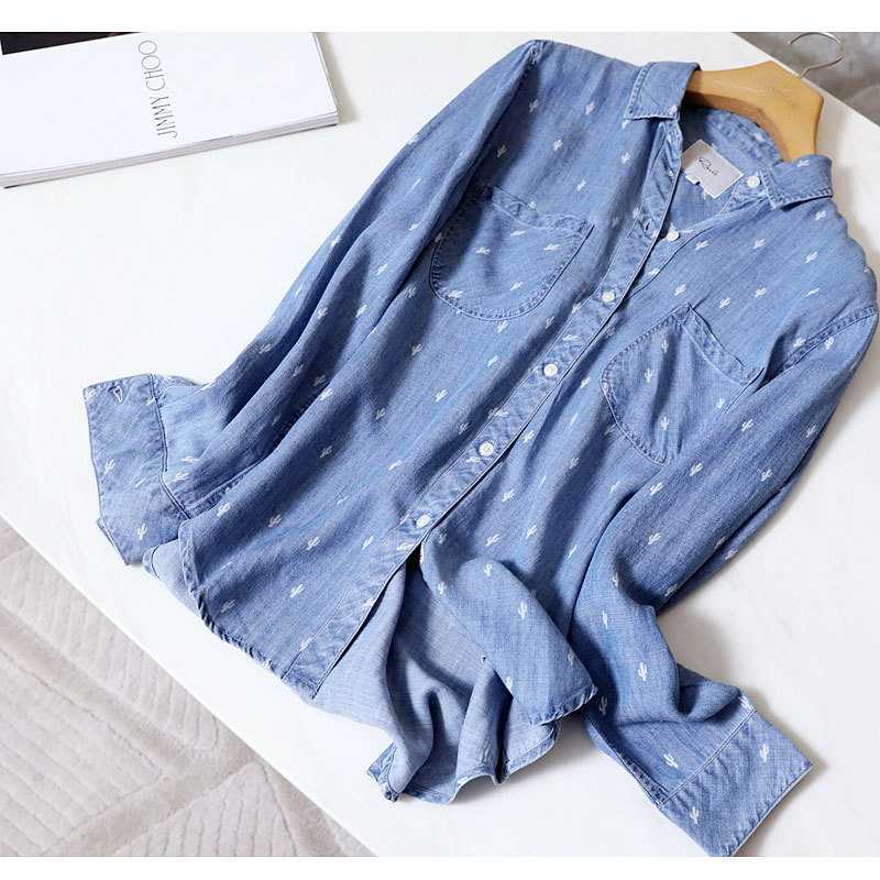 

Comfortable brim yuan single chic printing tooling small loose jeans pocket tencel women long sleeve shirt shirt, See chart