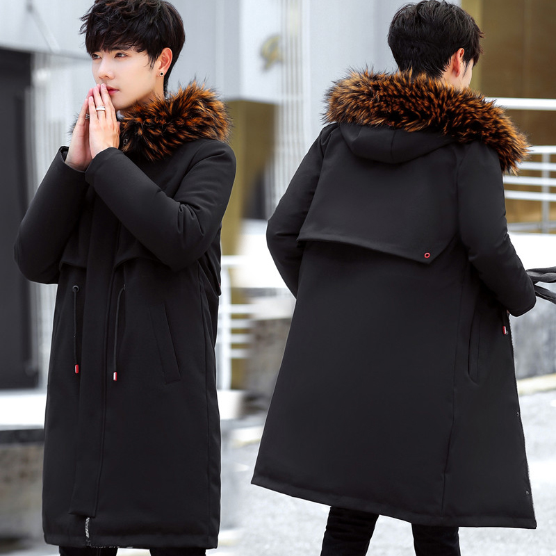 

Parkas Men 2020 Big Fur Hooded Outwear Hooded Overcoat New Winter Jacket Long Thicken Warm Cotton Can Be Worn on Both Sides, Black
