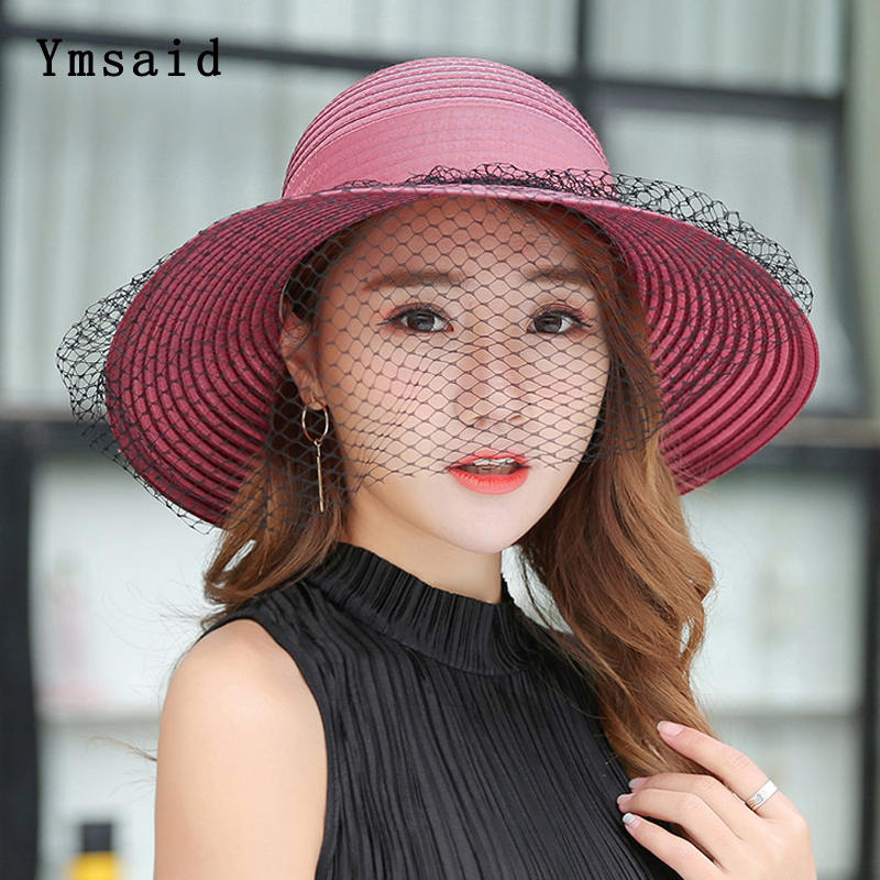 

Caps Fedoras Hats Spring Summer Mesh yarn Caps For Women Ladies Flower Rayon Wide Brim Elegant Sun Hats Headwear, Khaki