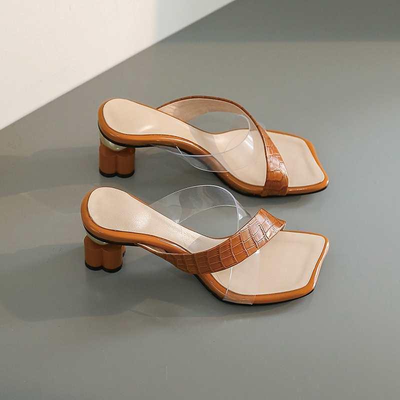 

YD-EVER hot sale genuine leather square peep toe strange high heels slip on mules beauty lady convenient sandals women 8f2-a, Brown