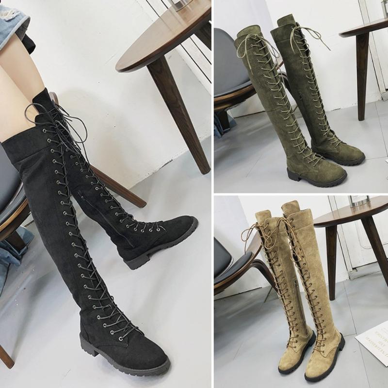 

2020 autumn and winter explosion models round head low heel lace rubber bottom over the knee boots side zip large size women's, Black