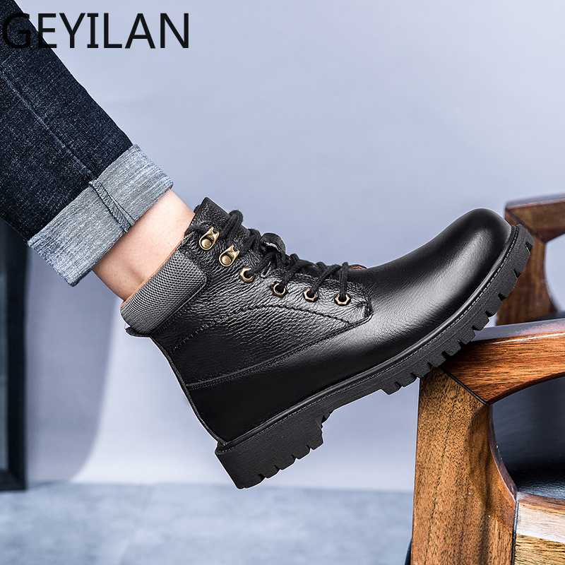 

Winter Men Boots genuine Leather Lace-up Men Warm Motorcycle Boots Plush Snow Zapatos De Hombre with fur Ankle o4, Khaki fur