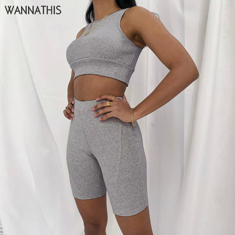 

WannaThis Sexy Sportswear 2 Pieces Sets Women O-neck Sleeveless Crop Top and Shorts Skinny Casual Streetwear Solid Women Sets, Gray