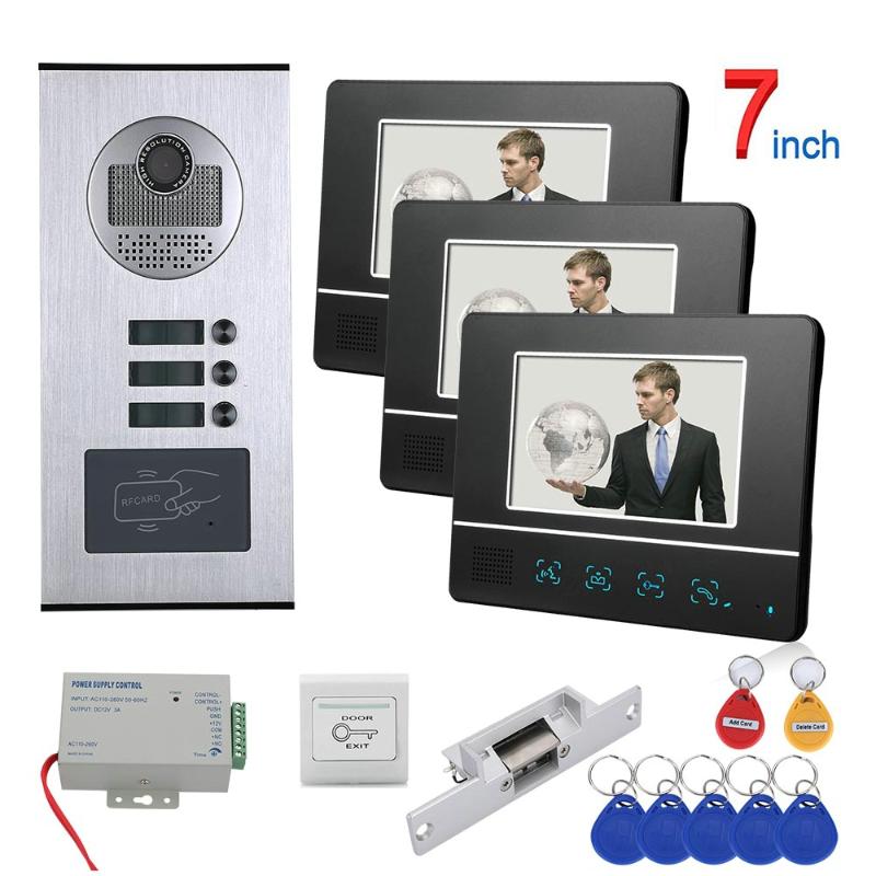 

7 inch Touch Button 3 Apartment Video Door Phone Intercom System RFID 1000TVL Doorbell Camera +NO Electric Strike Door Lock