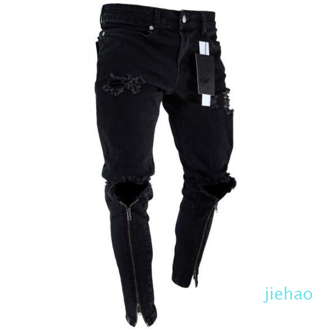 

Fashion- Mens Zipper Holes Designer Jeans Black Ripped Slim Fit Represen Pencil Pants Multi Style