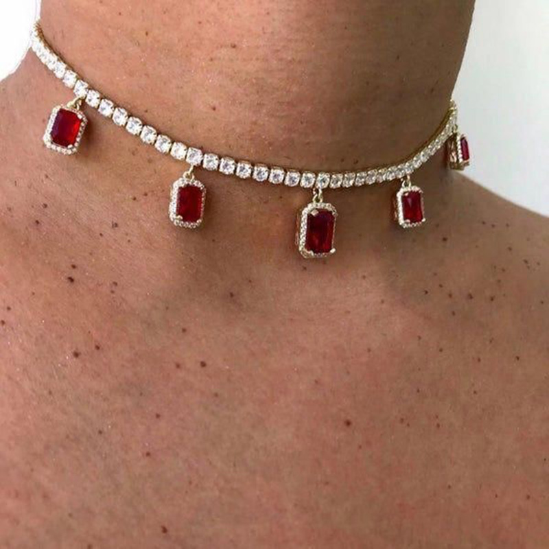 

ALYXUY Crystal Pendant Necklace Choker Red Rhinestones Vintage Temperament Accessories Summer Party Women Girls Jewelry Gifts