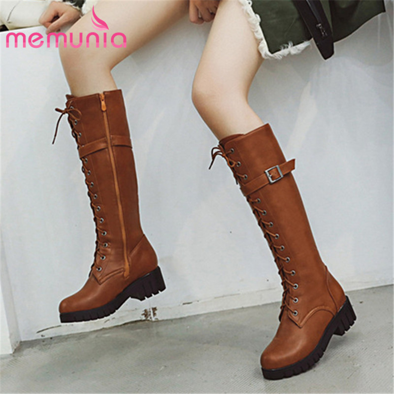 

MEMUNIA 2020 new arrival women knee high boots round toe buckle square heels platform shoes autumn Motorcycle Boots woman, Yellow