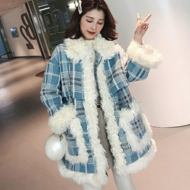 

Women Winter Warm Faux Lamb Fur Coat Fluffy Plaid Woolen Jacket Parkas, Blue