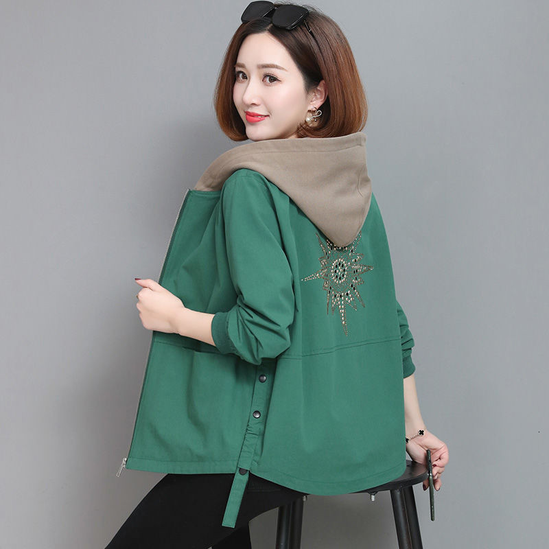 

2020 Autumn Women's Coat Hooded Jacket Long Sleeve Zipper Pockets Casual Windbreaker Basic Jackets Outerwear Plus Size 4XL E25, Green
