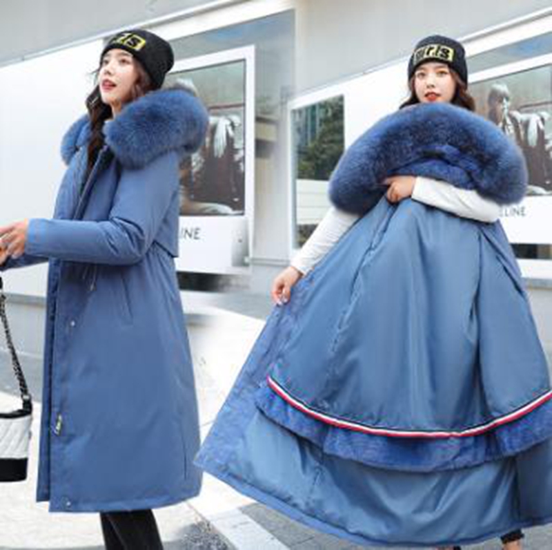 

Wholesale fashion new winter women's loose pie overcoming large fur collar mid-length over the knee detachable plus velvet liner cotton coat, Blue