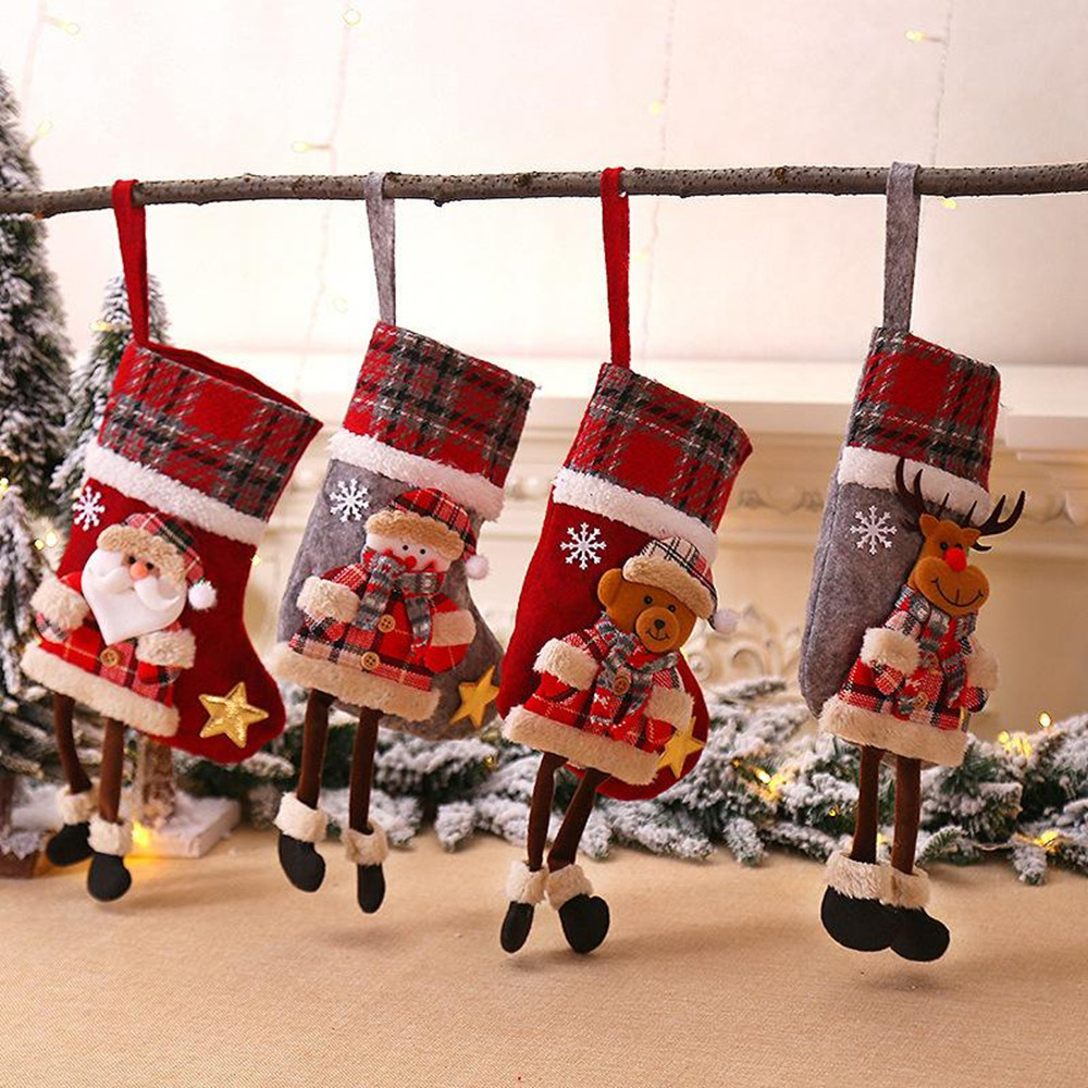 

Christmas Plaid Socks Adornment Christmas Tree Cartoon Doll Pendants Santa Claus Fireplace Pendants Cute Christmas Gifts