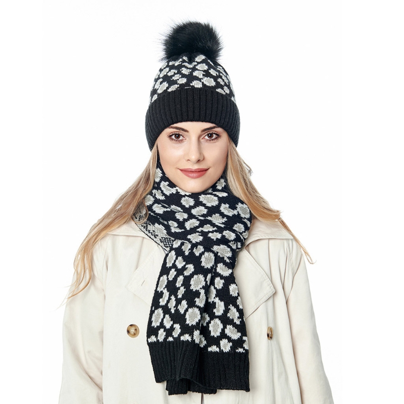 

2020 New Women Winter Knitted Beanie Hat and Scarf Set Leopard Print Fluffy Pompom Cuffed Skull Cap Thicken Shawl Neck Warmer