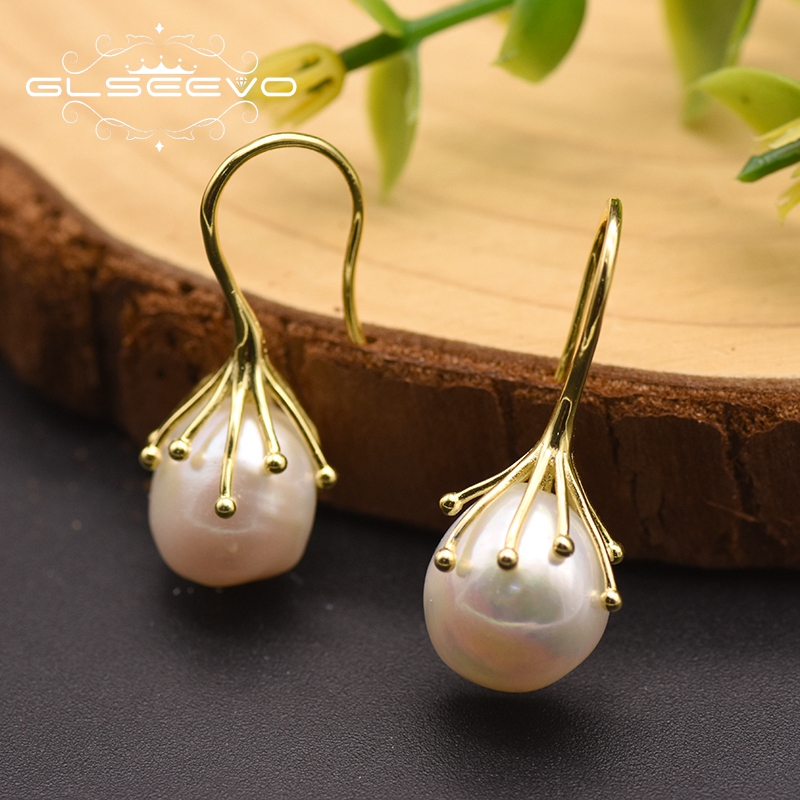 

GLSEEVO 100% Natural Fresh Water White Pearl Earrings For Women Lovers' Minimalist Luxury Jewellery Bijoux En Argent 925 GE0335C