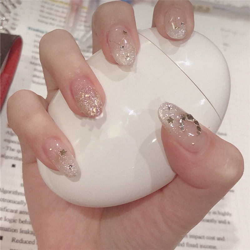 

24pcs/set Pretty Finished Glitter Fake Nails Round Head Silver Half Moon Star Decal Full Nail Art Tips Beauty Bride Nial Tools, 01
