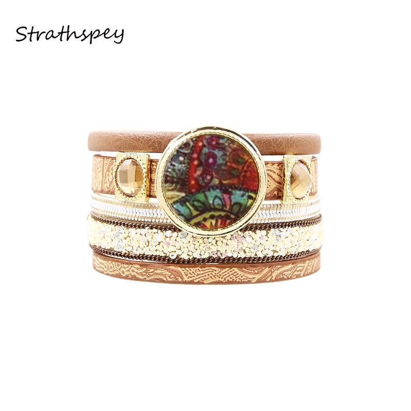 

Bracelet PU Leather For Women Pulseira Bomemia Printed Metal Decorated Sequin Set Multi Rows Bracelets Black/Brown/Cream