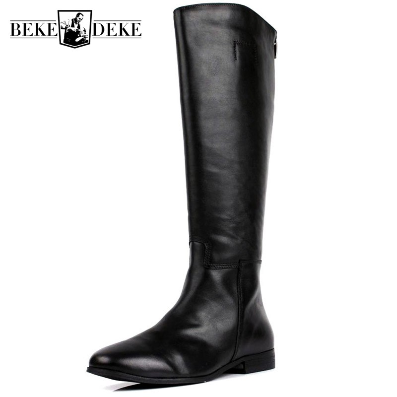 

Brand Zip Mens Knee High Boots British Style Genuine Leather Motorcycle Boots Fashion Mens Winter Shoes Botas Masculina 38-44, Black