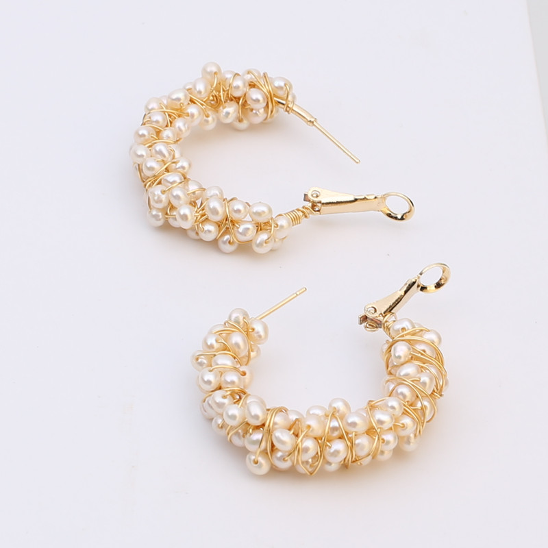 

No allergy 925 silver pin genuine freshwater pearl tiny beaded pure hand wrap thick hoop earrings, gold peal earring