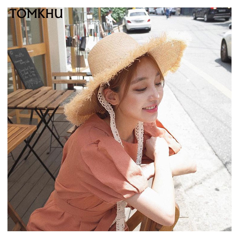 

Summer Women For Holiday Beach Raffia White Lace Ribbon Caps Bow Straw Hat Korean Version Of The Wild Temperament Hats Seaside