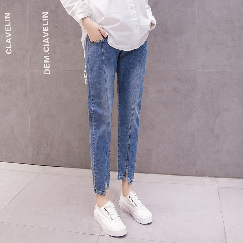 

883# Maternity pants Summer Slimming Maternity Jeans Belly Support Pants Elastic Waist Trousers, Blue