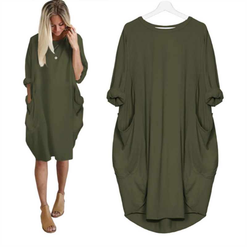 

Womens Hot Sale Fashion Pocket Loose Dress Ladies Solid Crew Neck Casual Long Tops Dress Plus Size, Army green