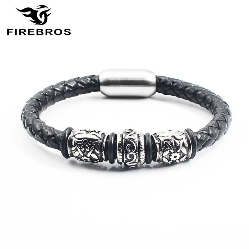 

FIREBROS 2020 Magnet Clasp Stainless Steel Vintage Charm Genuine Leather Bracelet Bangle Men Women Retro Jewelry Gift Accessory