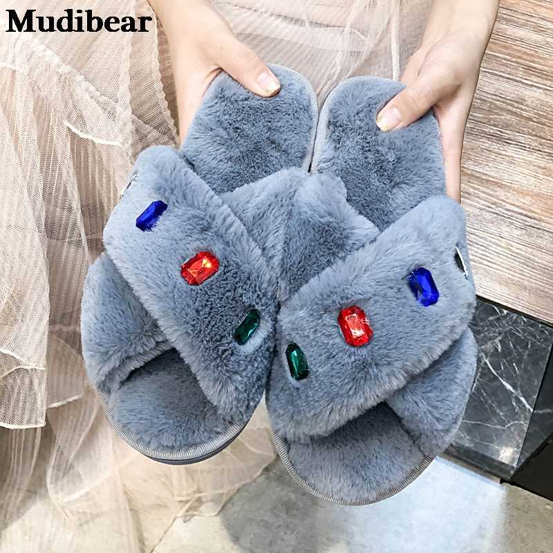 

Mudibear New Style Cross Fur Slippers Women's Autumn Winter Flat Color Gem Open Toe Shoes Cotton Home Wood Floor Footwears, Black