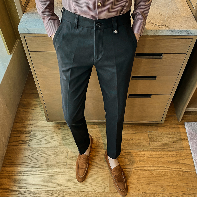 

2020 classic Solid Men's Business Dress Pants Casual Slim Fit Formal Pants for Men Wedding Streetwear Office Social Trousers, Black