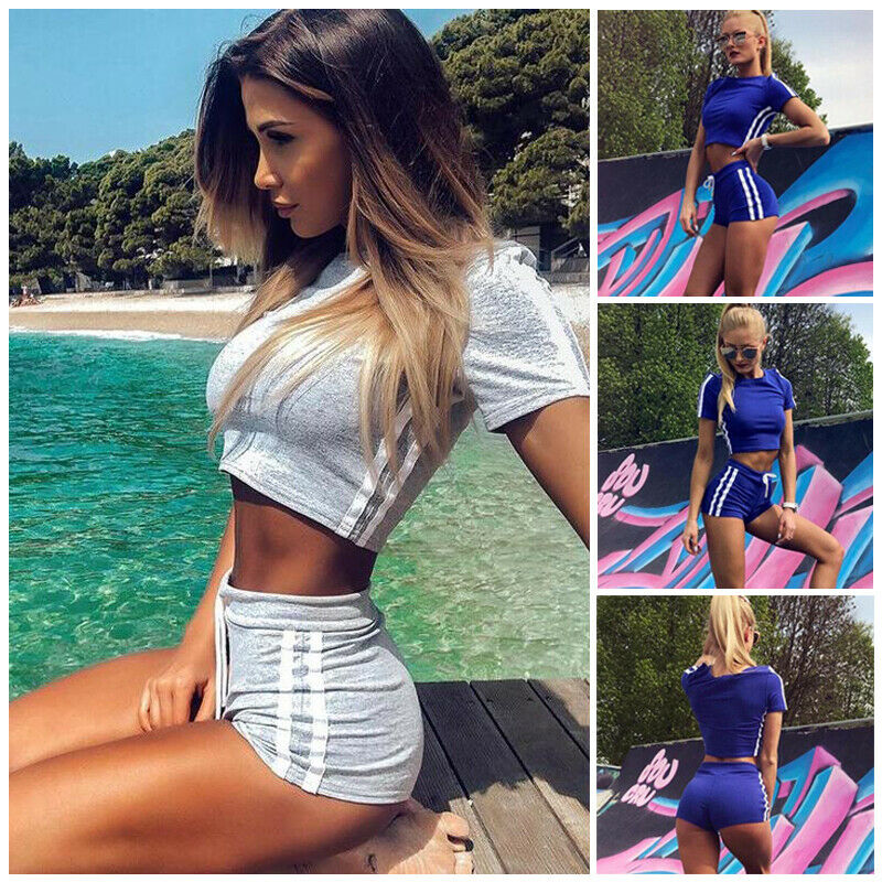 

Women Sports Vest Top + Shorts 2PCS Set Running Gym Yoga Fitness Tracksuit UK, Blue