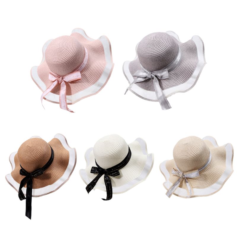 

Women Summer Woven Straw Floppy Sun Visor Hat Mesh Splicing Letters Ribbon Bowknot Elegant Wavy Wide Brim Sunscreen Beach Cap, Gy