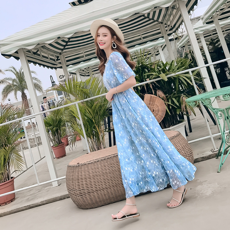 

Summer Chiffon O-neck Dress Sky Blue Fashion Floral Short-sleeved Midi Dress Bohemian Casual Loose Holiday Party Vestidos