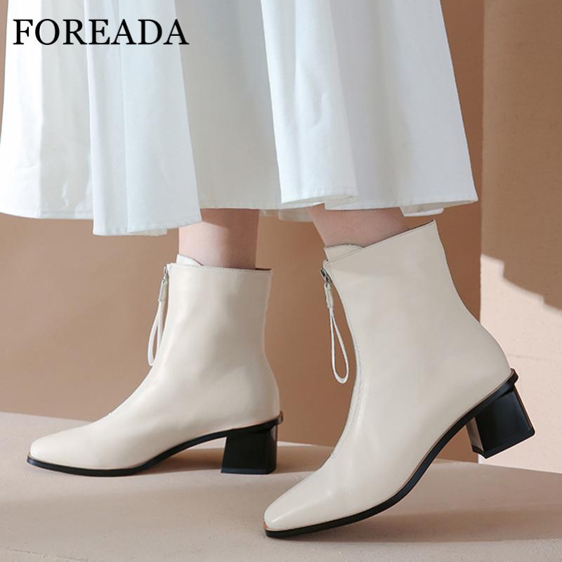 

FOREADA Square Toe Mid Calf Boots Real Leather Med Heel Woman Boots Thick Heel Shoes Zip Female Autumn Winter Black Beige, Black velvet lining