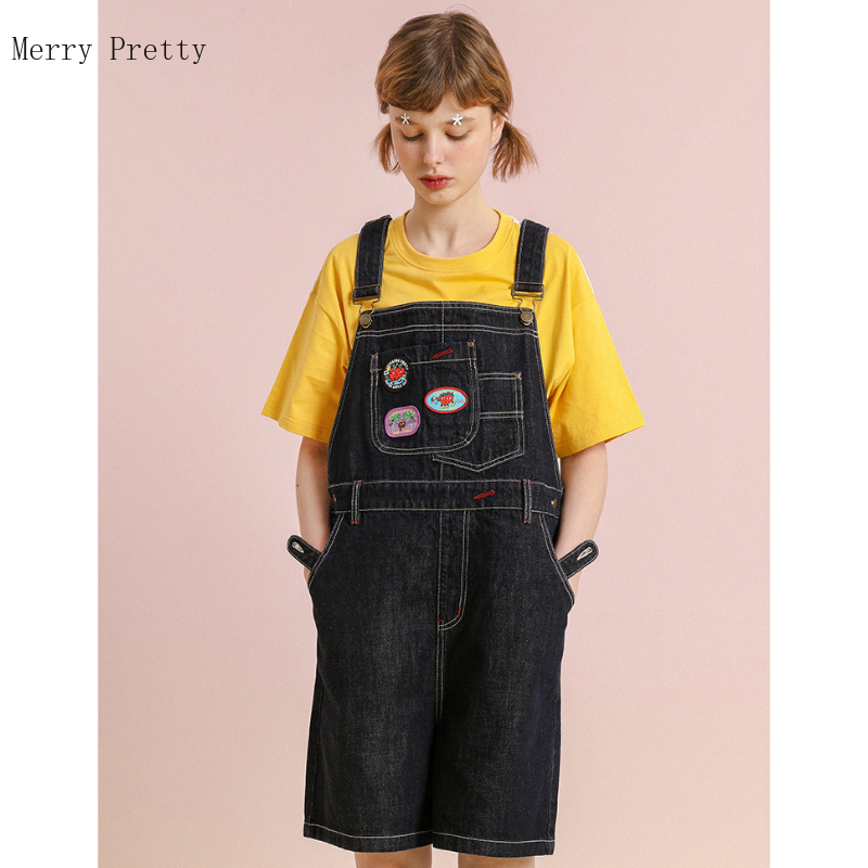 

Women Denim Shorts Korean GirlWashed Casual Jeans Shorts Cartoon Appliques Shoulder Strap Overalls Bib Cowboy, Blue