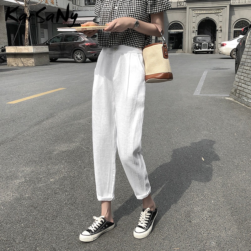

KarSaNy White Cotton Linen Pants Women Autumn Office Woman Trousers Loose Harem Pants For Women Elegant Women' Trousers Linen, Black