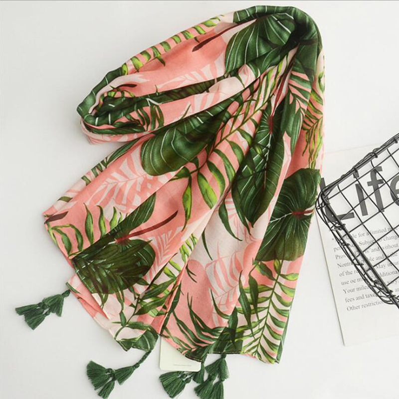 

Womwn Scarf Leaves Print Cotton Long Shawls Wrap For Women Green Pink Autumn Warm Stoles Scarf Elegant Ladies Muslim Hijab