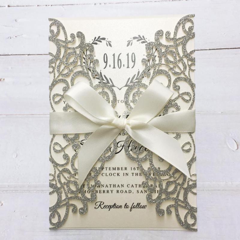 

Luxury Glitter Silver Wedding Invitations, Grey Invitation Cards for Wedding Laser Cut Invite With ribbon - set of 50