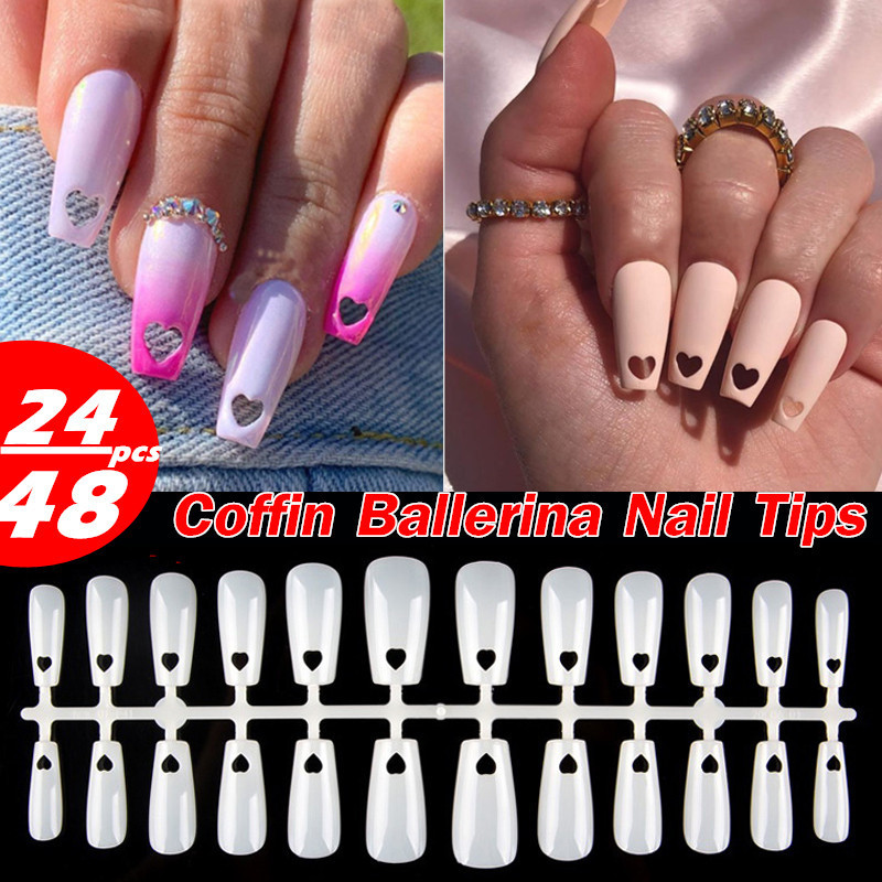 

24/48Pcs Cute Heart Medium False Nails Finger Nail Tips Stiletto Coffin Fake Nails ABS Artificial Tips Nail Art Decorations, 24pcs-natural