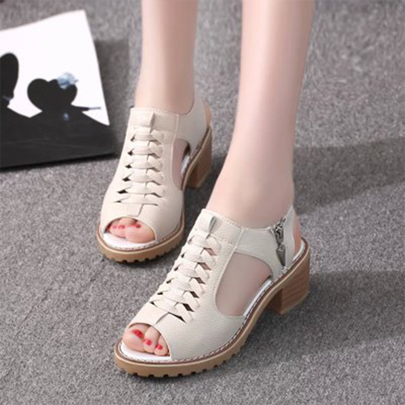 

Women Sandals Ladies Breathable Shoes Female Zipper Square Hollow Out Peep Toe Casual Solid Footwear Heels 2020 Summer Woman, Beige