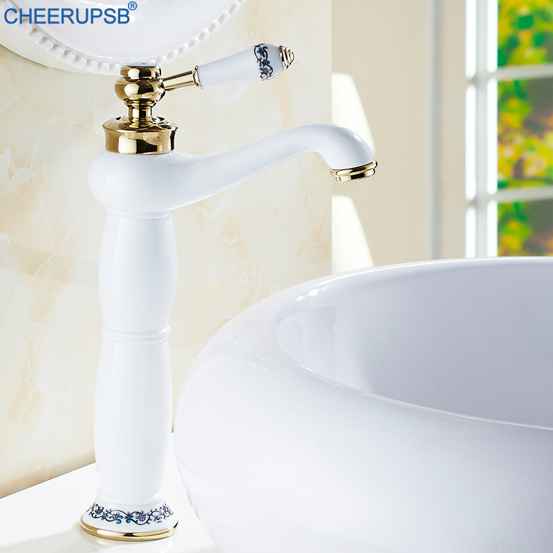 

Brass Basin Faucet Single Handle Deck Mounted Tap Bathroom White Gold Faucets Hot Cold Water Mixer Taps Robinet Salle De Bain