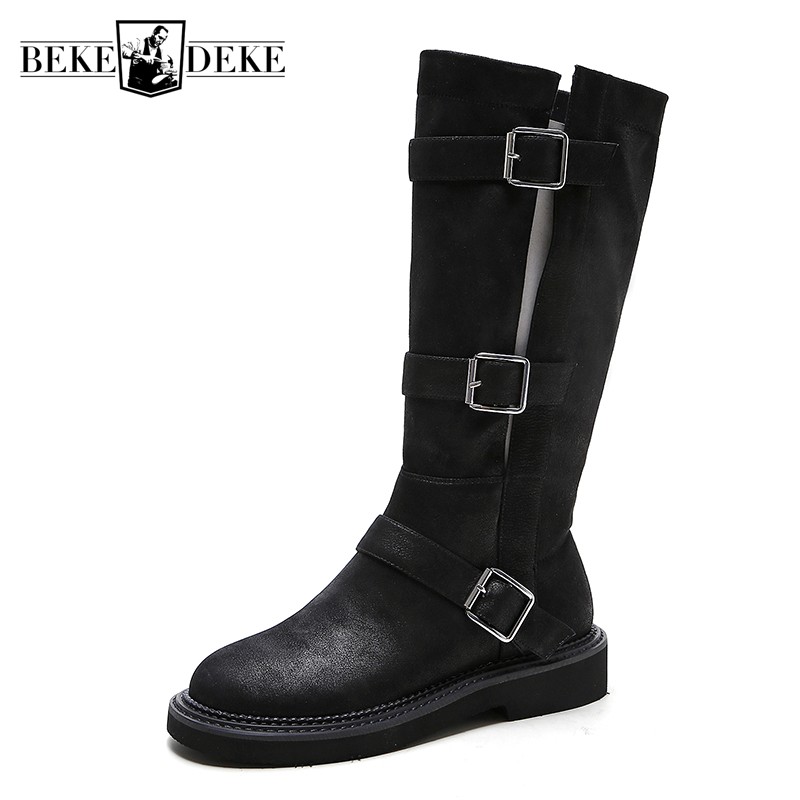 

Fashion Women Buckle Designer Mid Calf Boots Motorcycle Leather Flats Safety Shoes Winter Fleece Lining High Top Boots, Black fleece lining