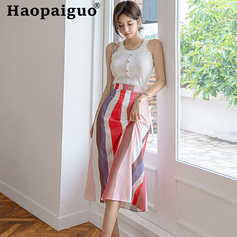 

2020 Summer Casual Korean Women Two Piece Set Sexy White Knitted Blouse and Colorfu Wrap Midi Skirt Women 2 Piece Set Plus Size, Photo color