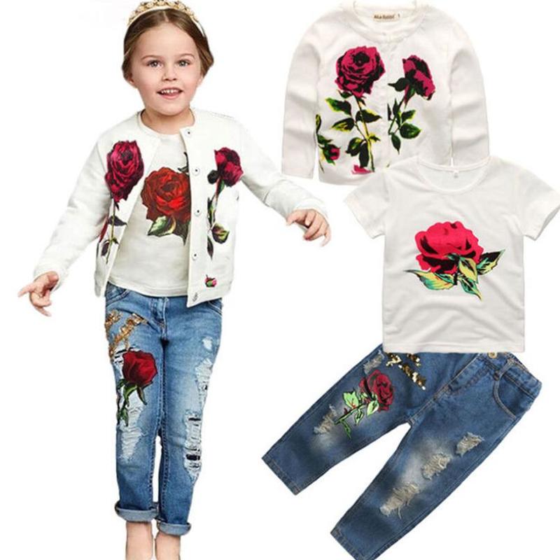 

Autumn brand kids fashion girls clothes rose Three Piece Fashion Outfits Jacket+T-shirts+jeans Children Clothing, White