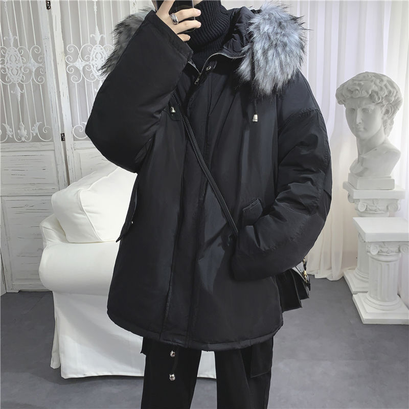 

Winter Jacket Men's Parka Warm Fashion Casual Fur Collar Hooded Coat Men Streetwear Loose Cotton Padded Jacket Mens Clothes, Black
