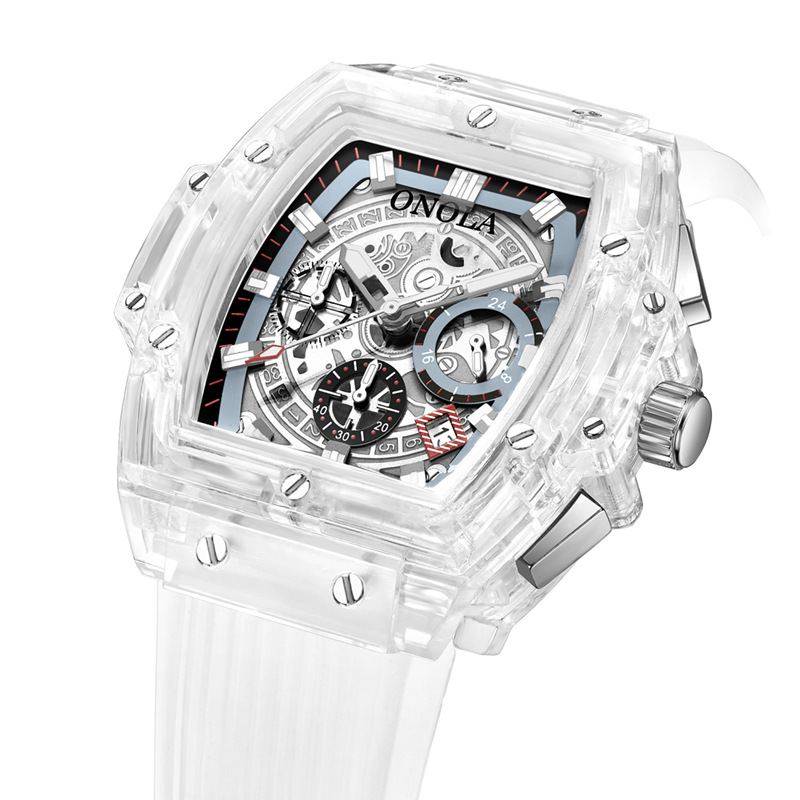 

luxury mens wristwatches Transparent quartz waterproof Multifunction man watches square white fashion clocks, Black